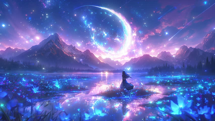 Anime animation of a night sky with stars, planet and lake. Fantasy world. Loop
