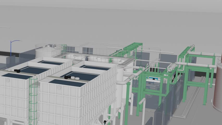 Water treatment plant, seamless 3d loop animation, filtration system, blueprint 3d model 
