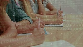 Writing in notebooks, students with binary coding and data processing animation over. Education, technology, programming, classroom, studying, learning - Powered by Shutterstock - Get 15% off with code: PIKWIZARD15