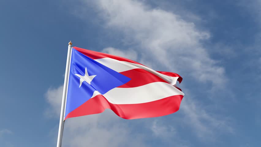 Flag of puerto rico on a blue sky, flag on a flag pole waving in the wind, american country, national symbol of puerto rico island, video of a flag