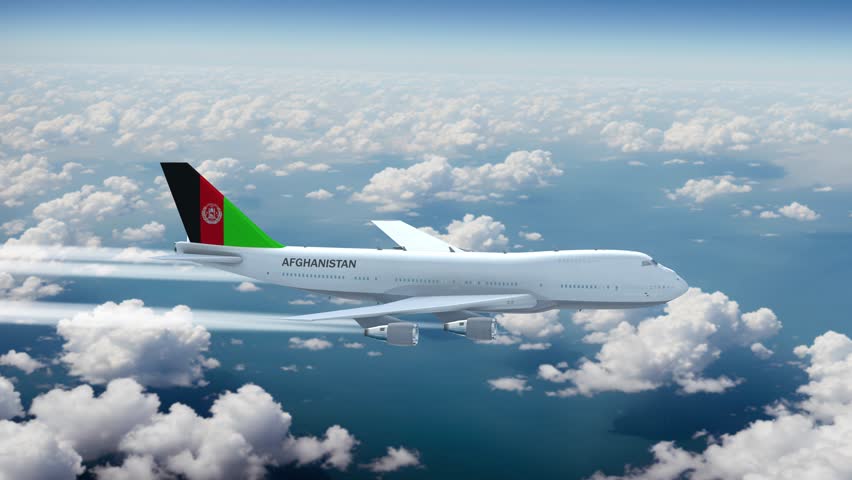 Commercial Airliner Passanger Plane Jumbo Jet Flying over Clouds with Country Flag Afghanistan