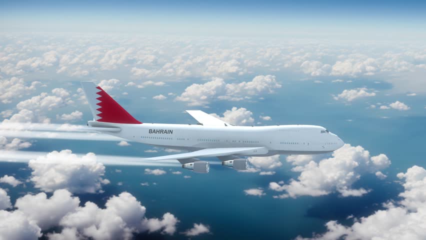 Commercial Airliner Passanger Plane Jumbo Jet Flying over Clouds with Country Flag Bahrain