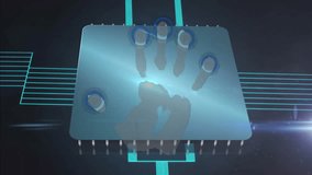 Handprint and fingerprint scanning animation over microchip with glowing circuits. Biometrics, technology, cybersecurity, authentication, digital, security - Powered by Shutterstock - Get 15% off with code: PIKWIZARD15