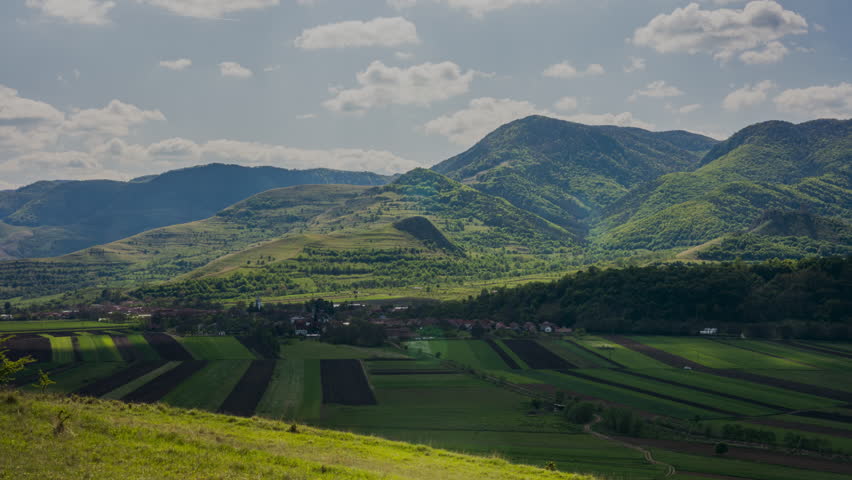 Greenery Nature Over Hungarian Village In A Mountainous Region Of Rimetea, Torocko, Transylvania, Romania. Timelapse