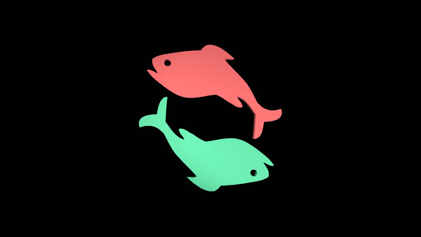 Abstract Pisces Logo or Symbol Spinning and Rotating on a Transparent Background. Minimal 3D Rendering Animation Loop