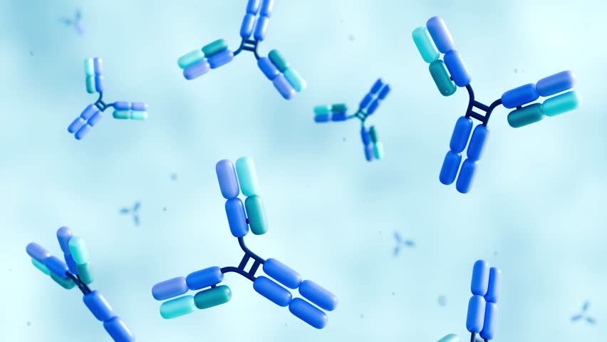 3d animation of scattered antibody molecules in the light blue background