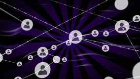Network of connected user icons animation over purple radial background. Technology, connections, communication, digital - Powered by Shutterstock - Get 15% off with code: PIKWIZARD15