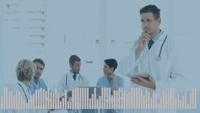 Medical professionals discussing patient data with bar graph animation overlaid. Healthcare, teamwork, technology, collaboration, analysis, clinic - Powered by Shutterstock - Get 15% off with code: PIKWIZARD15