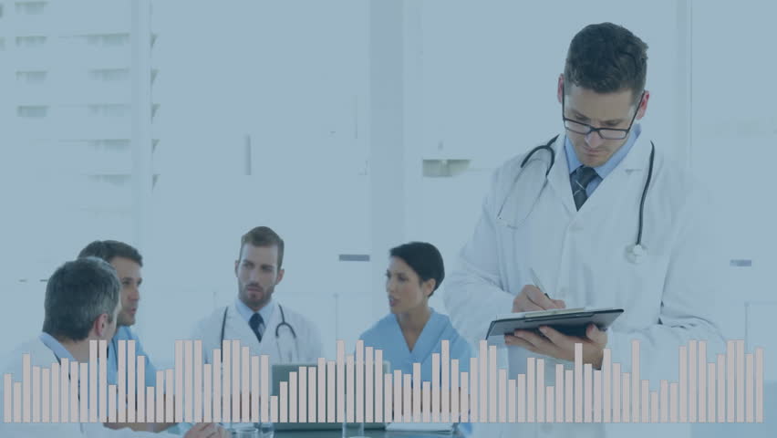 Doctors in meeting with data analysis animation over medical professionals. Healthcare, teamwork, collaboration, innovation, technology, business - Powered by Shutterstock - Get 15% off with code: PIKWIZARD15