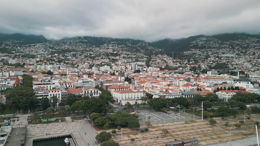 Drone aerial view of Old Disctrict City of Funchal, the capital of Madeira Island, Portugal
