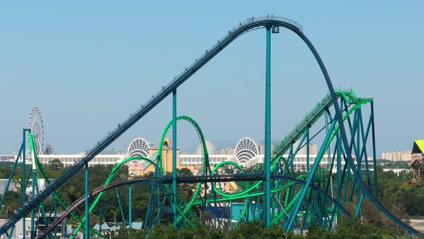 USA tourist attractions. Roller coaster in adventure amusement park in Orlando, Florida.
