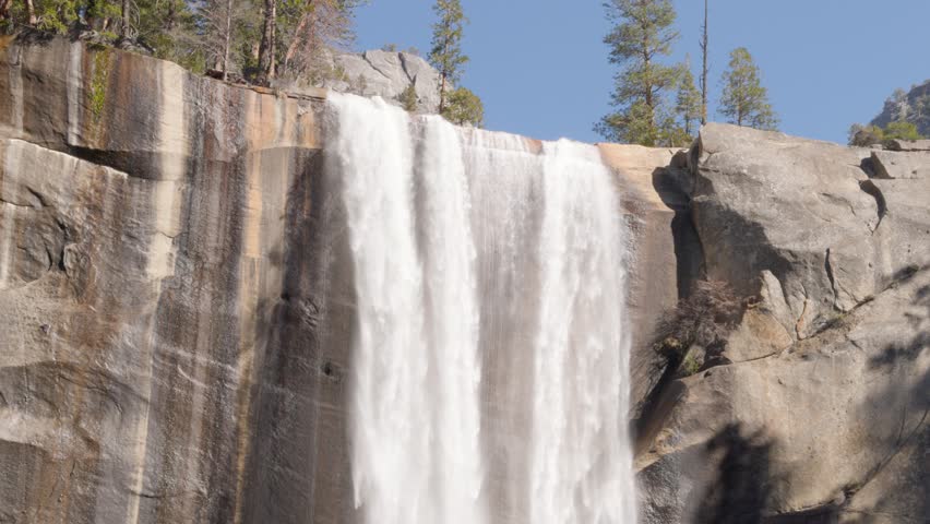 Looking up at the amazing Vernal Falls at Yosemite National Park in California.