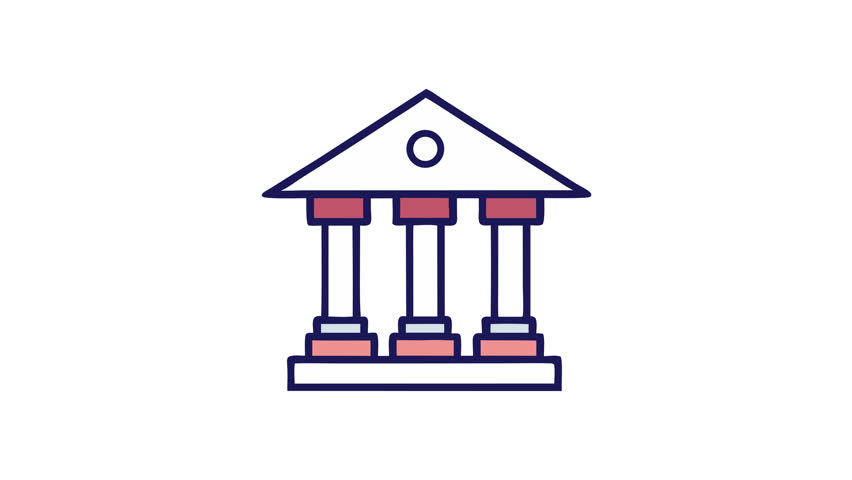 A simple icon animation, cartoon-style illustration of a bank building. The building features a triangular roof, four columns, and a base with steps. The image is outlined in blue with red accents.