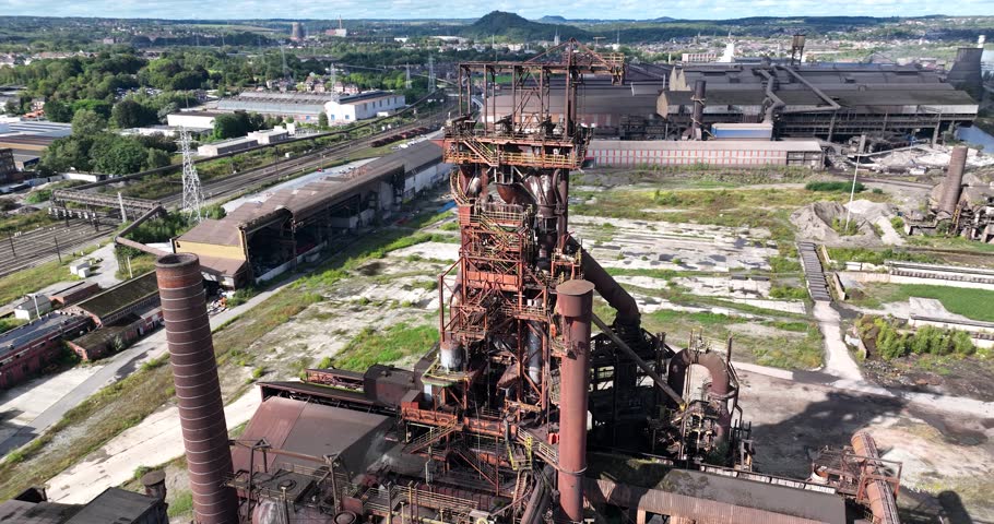Blast furnace in Charleroi, Belgium. Metal heavy industrial installation. Aerial close up view.