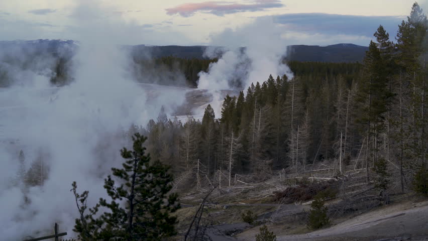 Cinematic shot of Norris Geyser Basin in Yellowstone National Park, USA