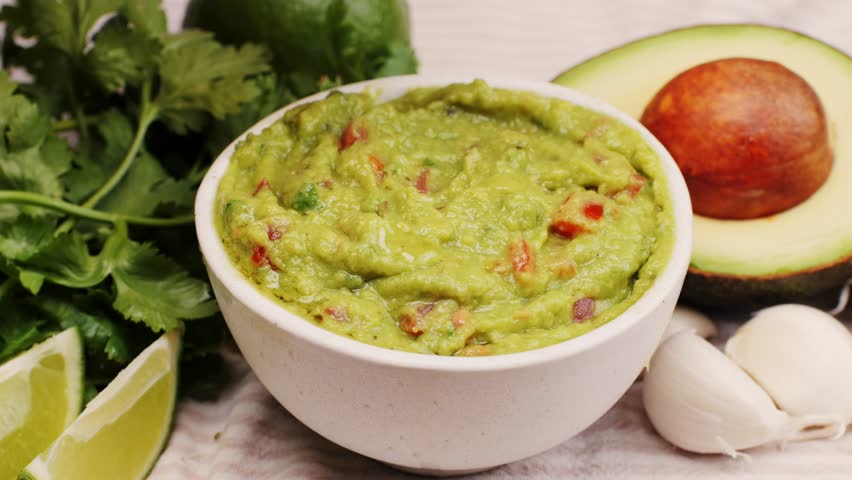 Guacamole dip, traditional mexican food in restaurant for nachos, close up of avocado plate for vegetarians.