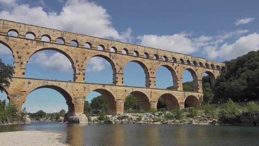 Pont Du Gard Roman aqueduct on a sunny day, Languedoc, France