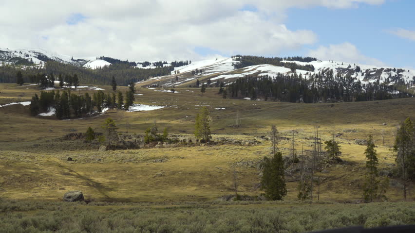 Cinematic shot of scenic landscape in Lamar Valley in Yellowstone National Park, USA