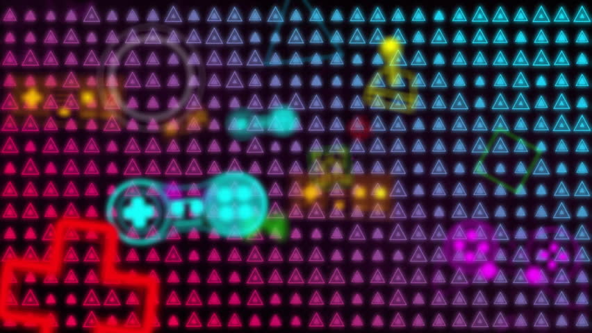 Animation of neon video game items neon moving on black background. Global video game, digital interface, communication, computing and data processing concept digitally generated video.