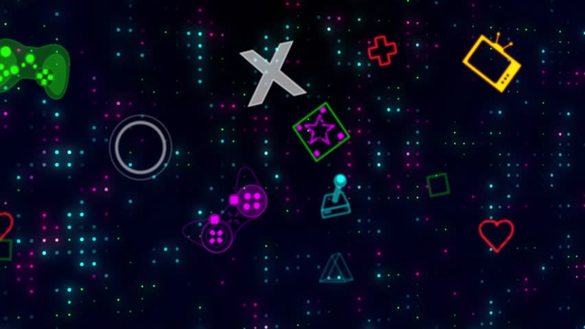 Animation of neon video game items neon moving on black background. Global video game, digital interface, communication, computing and data processing concept digitally generated video.