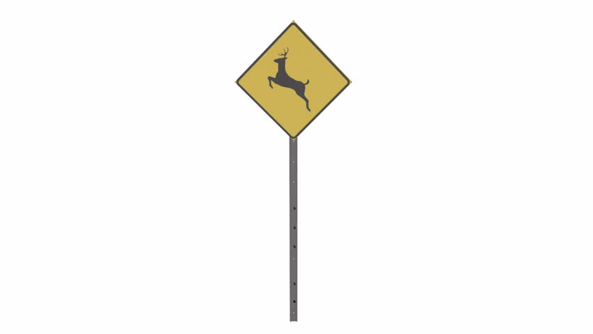 3D rendering of a deer crossing warning sign in a rural setting