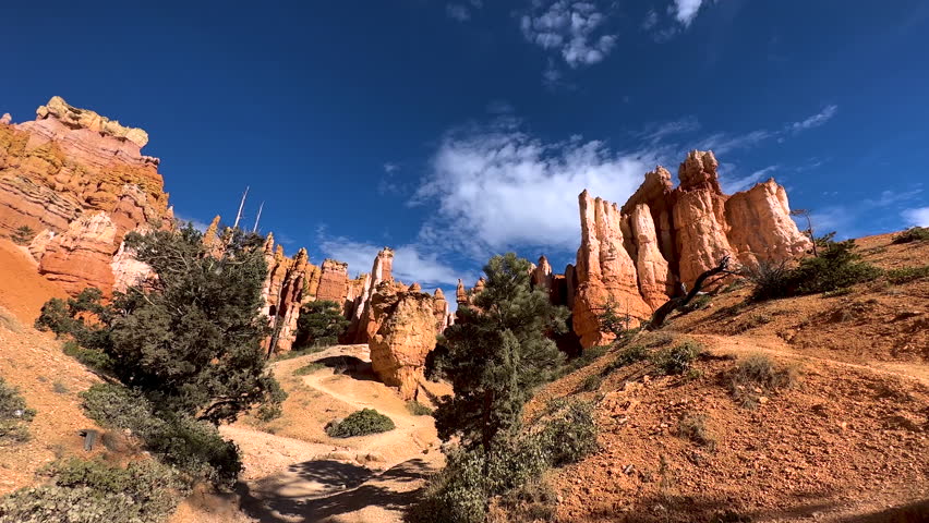 Dramatic Hoodoo rock formations from extreme weather environmental erosion in Bryce Canyon National Park Utah USA travel tourism