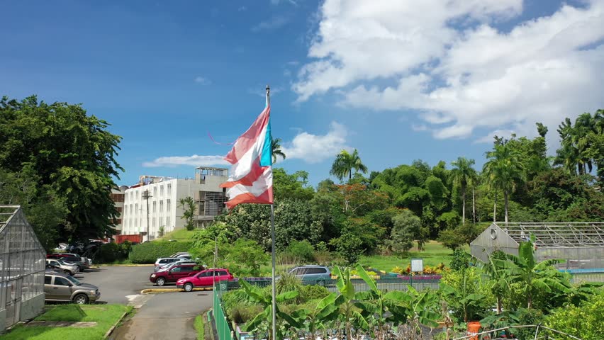 A drone footage of the Puerto Rican flag waving on a metal pole in the Agricultural Experiment Station in Rio Piedras, San Juan, Puerto Rico