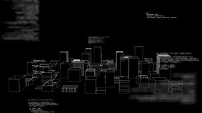 Wireframe cityscape with programming code animation over black background. Technology, coding, futuristic, digital, virtual, urban - Powered by Shutterstock - Get 15% off with code: PIKWIZARD15