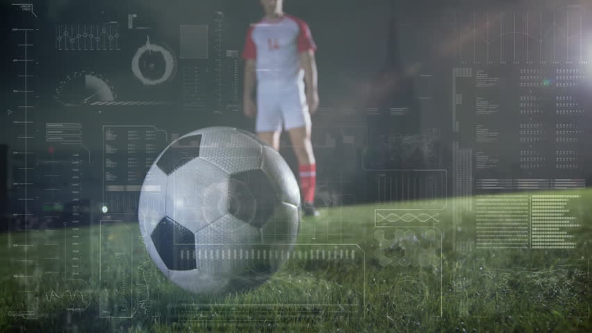 Soccer player approaching ball with data processing animation over grassy field. sports, athlete, digital, technology, motion, AI - Powered by Shutterstock - Get 15% off with code: PIKWIZARD15
