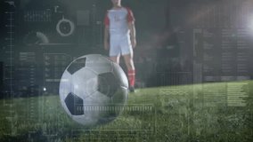 Soccer player approaching ball with data processing animation over grassy field. sports, athlete, digital, technology, motion, AI - Powered by Shutterstock - Get 15% off with code: PIKWIZARD15