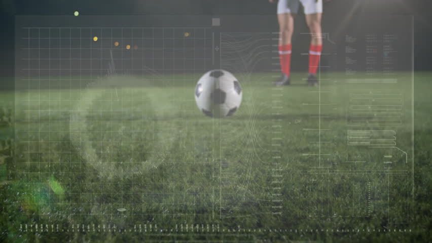 Soccer ball on field with data analysis animation over player in background. Sports, football, analytics, technology, performance, athlete - Powered by Shutterstock - Get 15% off with code: PIKWIZARD15