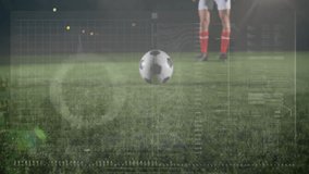 Soccer ball on field with data analysis animation over player in background. Sports, football, analytics, technology, performance, athlete - Powered by Shutterstock - Get 15% off with code: PIKWIZARD15