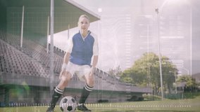 Playing soccer, person catching ball over digital data analysis animation. Sports, athletic, action, goalkeeper, technology, statistics - Powered by Shutterstock - Get 15% off with code: PIKWIZARD15