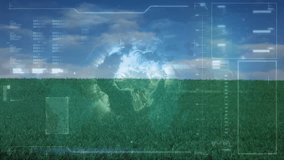 Soccer ball on grass with futuristic data processing animation over blue sky. technology, sport, outdoors, digital, analysis, game - Powered by Shutterstock - Get 15% off with code: PIKWIZARD15
