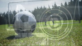 Soccer ball on grass with goal animation over data processing elements. Sports, football, field, technology, digital, analysis - Powered by Shutterstock - Get 15% off with code: PIKWIZARD15