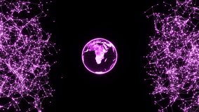 Rotating violet earth on black background with plexus lines. Abstract 3D globe planet Earth rotating, seamless looped animation. Shining spinning Earth globe planet in neon lights - Powered by Shutterstock - Get 15% off with code: PIKWIZARD15