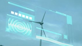 Wind turbine with data analysis and signal metrics animation over blue background. Renewable, energy, technology, wind power, sustainable, green - Powered by Shutterstock - Get 15% off with code: PIKWIZARD15