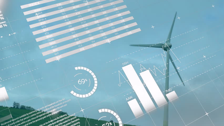 Graphs and pie charts animation over wind turbine and landscape. Renewable, energy, sustainability, infographic, wind power, clean energy