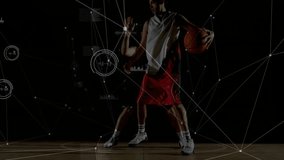 Playing basketball, athletes in action with data visualization animation over them. Sports, competition, technology, performance, team, motion - Powered by Shutterstock - Get 15% off with code: PIKWIZARD15