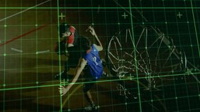 Basketball players in action with data analysis animation over court. Sports, statistics, competition, teamwork, strategy, performance - Powered by Shutterstock - Get 15% off with code: PIKWIZARD15