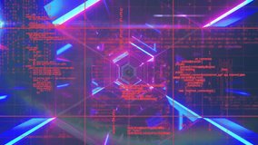 Neon geometric tunnel with data processing animation over grid background. Futuristic, technology, digital, virtual, cyber, abstract - Powered by Shutterstock - Get 15% off with code: PIKWIZARD15