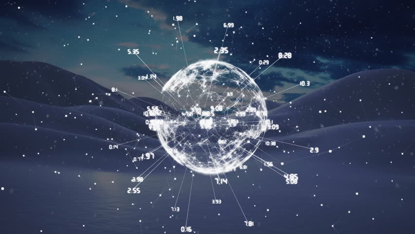 Glowing globe with data points animation over snowy mountain landscape. Technology, digital, innovation, earth, network, global - Powered by Shutterstock - Get 15% off with code: PIKWIZARD15