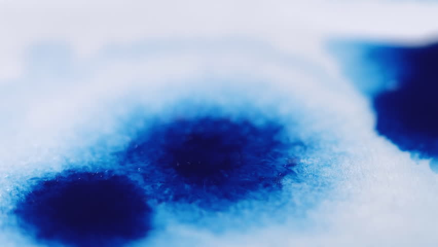 Ink drop. Blur stain. Defocused blue color acrylic fluid splatter leak spreading motion on white paper surface frost texture abstract art background.