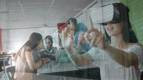 Virtual reality technology animation over students collaborating in classroom. VR, collaboration, teamwork, education, learning, innovation - Powered by Shutterstock - Get 15% off with code: PIKWIZARD15