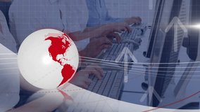 Typing on keyboards, business people with global network animation over red globe. technology, networking, communication, globalization, teamwork, international - Powered by Shutterstock - Get 15% off with code: PIKWIZARD15