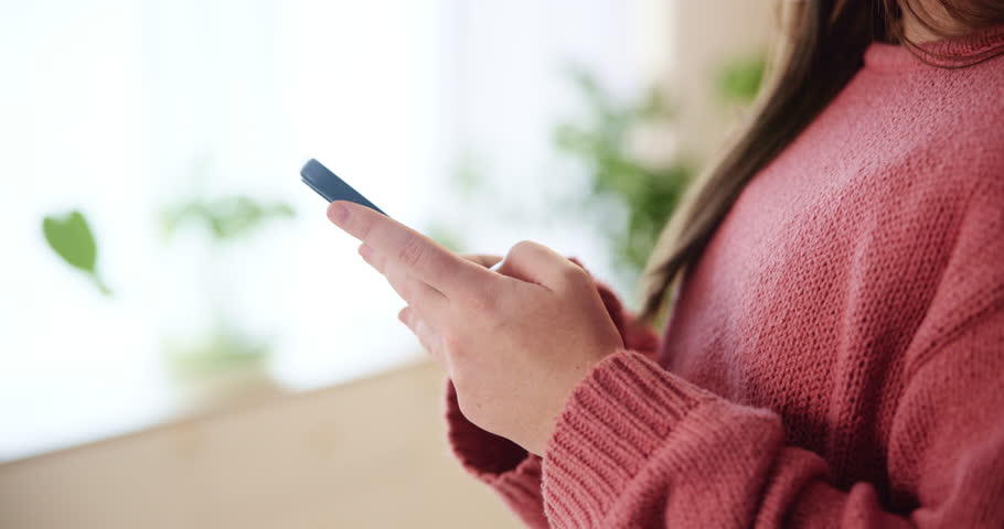 Phone, typing and hands of woman in home for communication, comment or post on social media. Smartphone, networking and girl with mobile app for online chat, writing email or web search connectivity