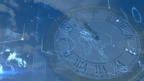Analyzing system text animation over world map and clock interface. Technology, digital, global, data, network, futuristic - Powered by Shutterstock - Get 15% off with code: PIKWIZARD15