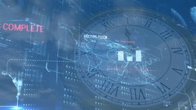 Analyzing system text animation over world map and clock interface. Technology, digital, global, data, network, futuristic - Powered by Shutterstock - Get 15% off with code: PIKWIZARD15