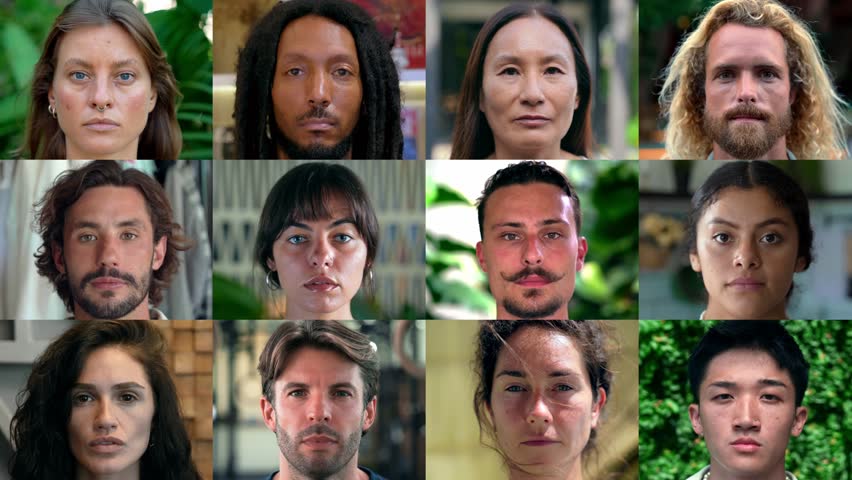 Portraits of Happy People Looking at Camera in Multi Screens Montage. Footage Set of Smiling Faces Isolated on Series of Wonderful Backgrounds. Headshot Collection of Successful Men and Gorgeous Women