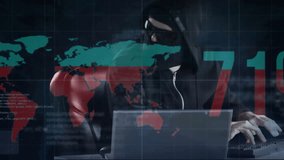 Animation of data processing and world map over caucasian male hacker using laptop. Technology and digital interface concept digitally generated video. - Powered by Shutterstock - Get 15% off with code: PIKWIZARD15